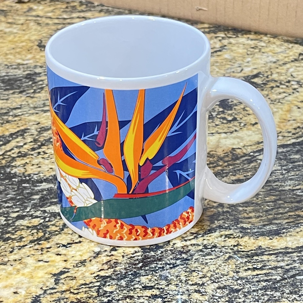 Tropical Bird of Paradise Floral Ceramic Coffee Mug Cup Multicolor Hawaiian Art